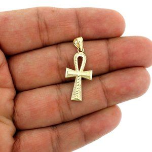 Real 10K Yellow Gold Diamond Cut Egyptian Ankh Cross Pendant